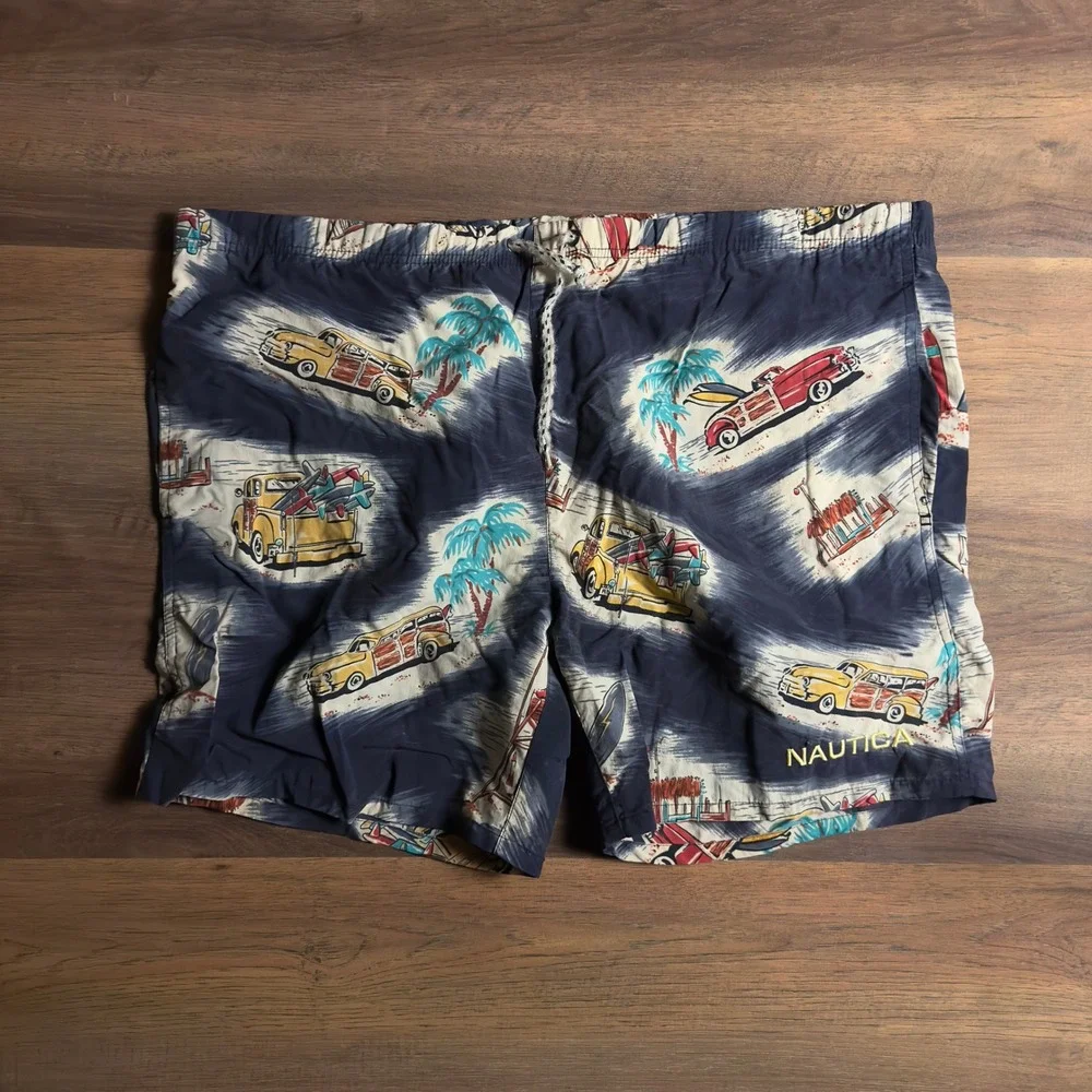 Nautica Mens‎ Navy Blue Tropical Woody Car Surf Print Swim Trunks Size Large L